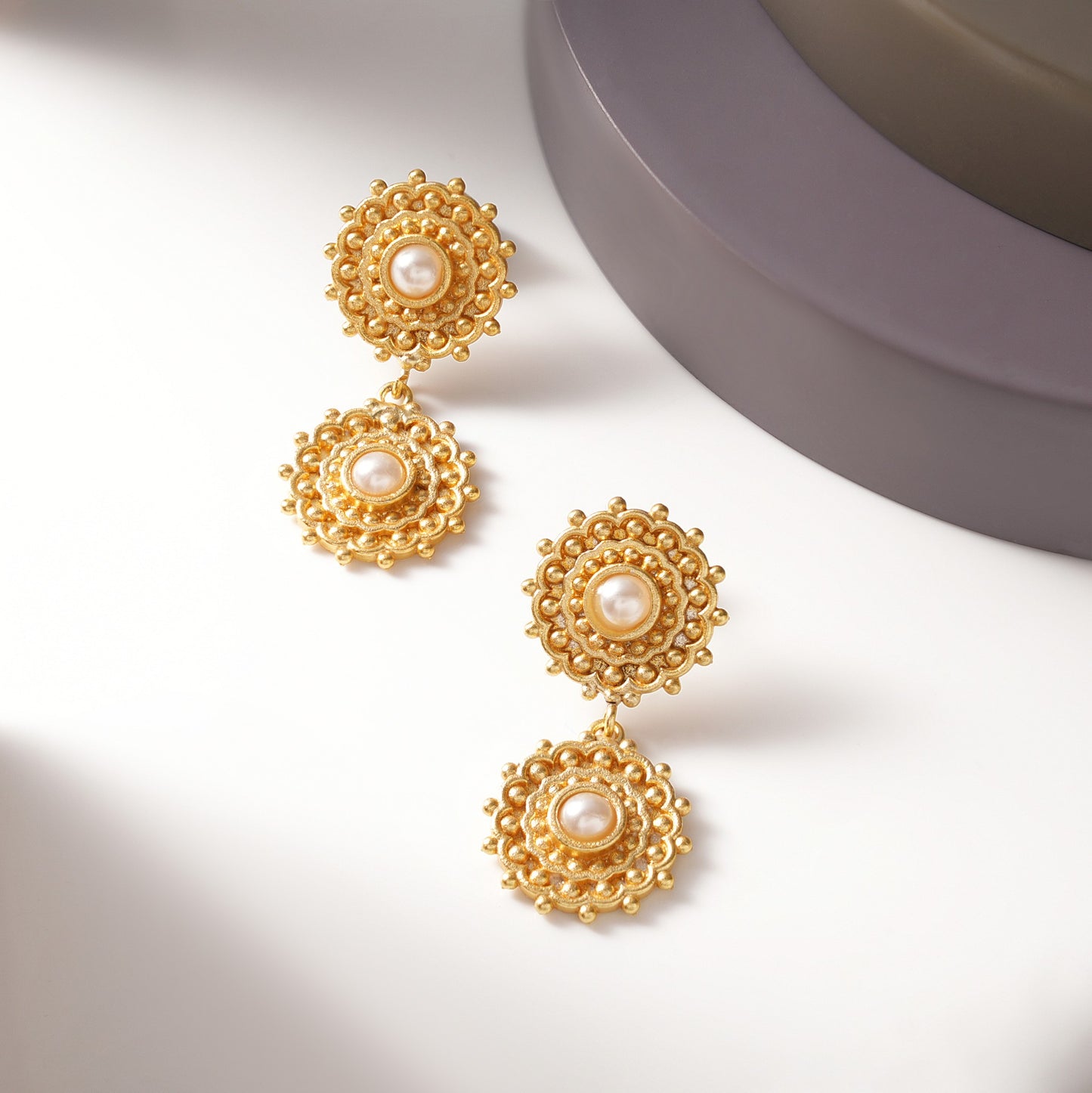 Ornate Disc Pearl Earrings