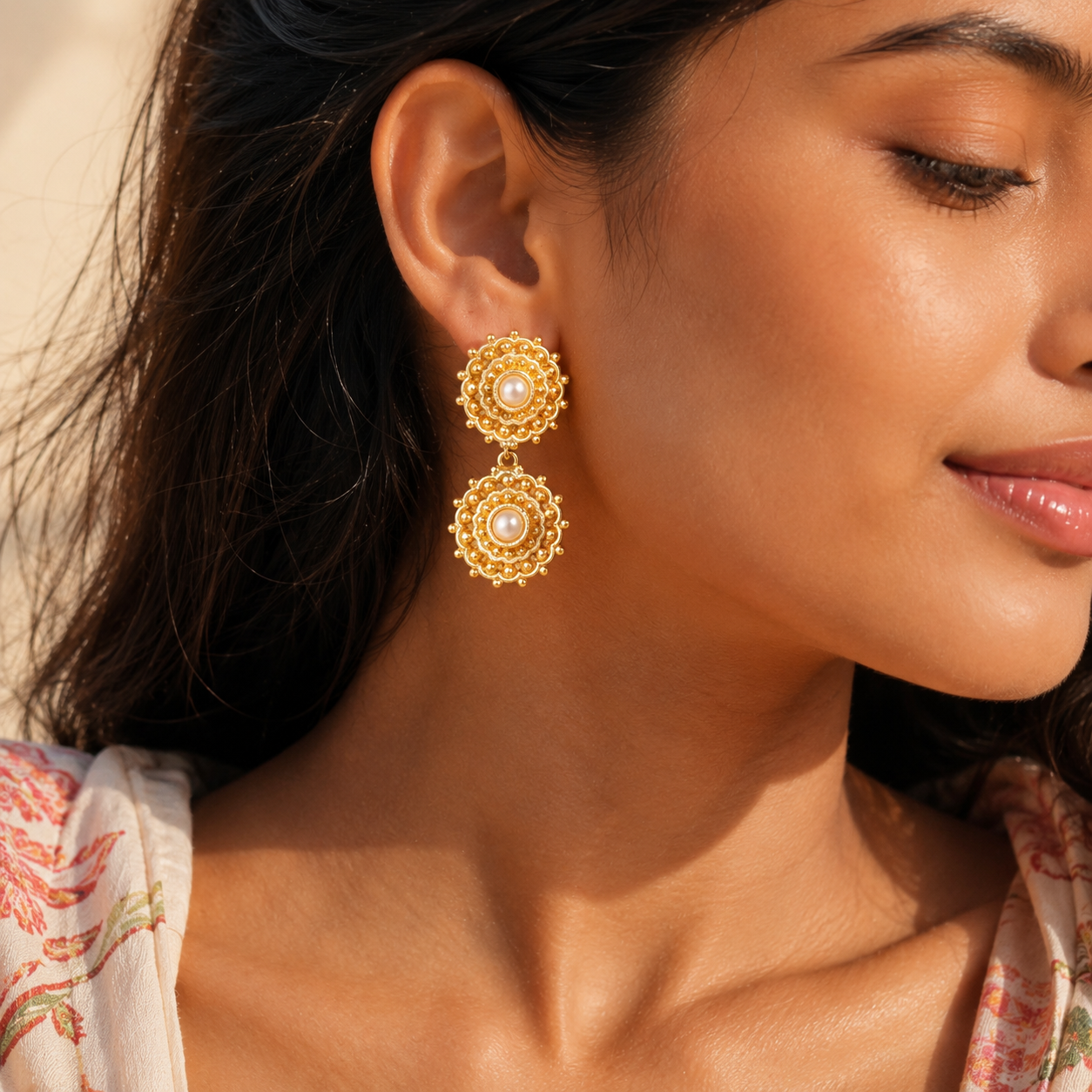 Ornate Disc Pearl Earrings