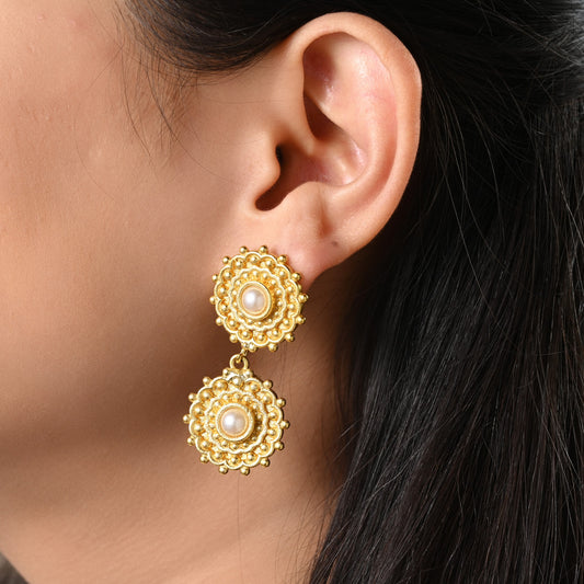 Ornate Disc Pearl Earrings